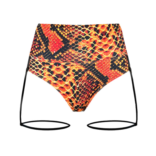 Shorts tipo polo de talle alto con estampado de serpiente naranja y ligas Carina